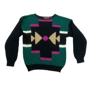 Vintage Worthington Sweater Womens Medium M Black Green Pink Geometric Pullover